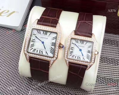 Replica Cartier Santos Diamond Bezel Lovers Watch Rose Gold 